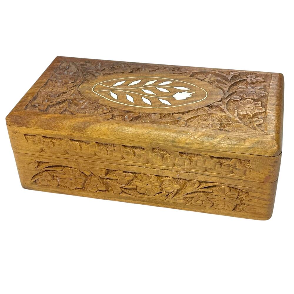 Hand Carved Wooden Jewelry Trinket Box Floral Relief w/ Inlay Lid Velvet Lined